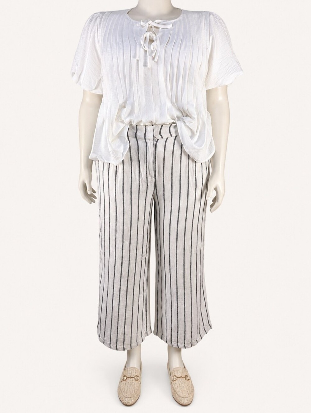 Dex XL Linen Blend White Black Stripe Wide Leg Crop Pants Pleated Coastal NWT